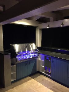 Exterior, kitchen, night, lights, BBQ, blue